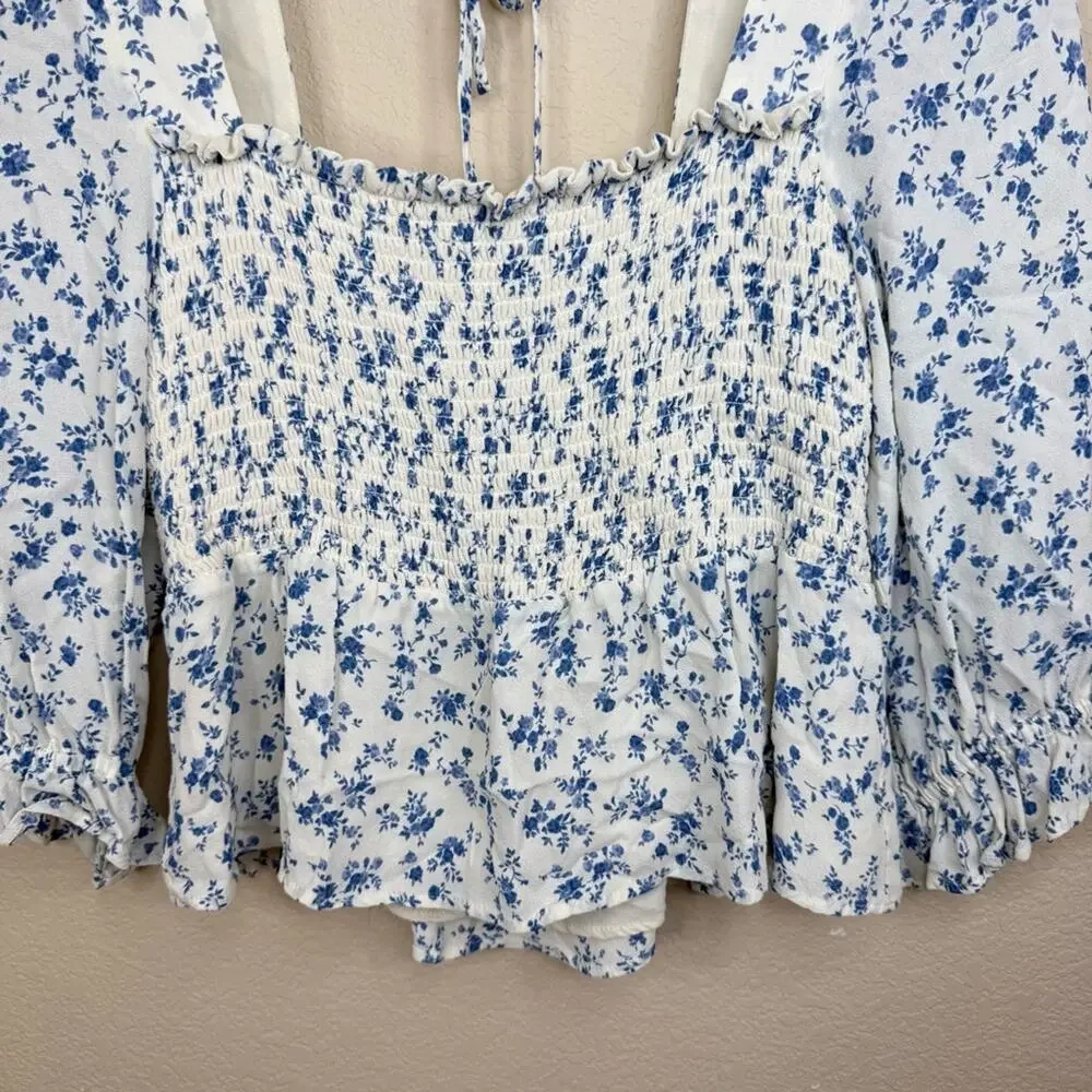 REFORMATION Braelyn Top Blue White Smocked Floral Pull On Spring Women’s Sz L